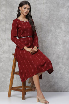 Maroon Poly Cotton Asymmetric Dress image number 5